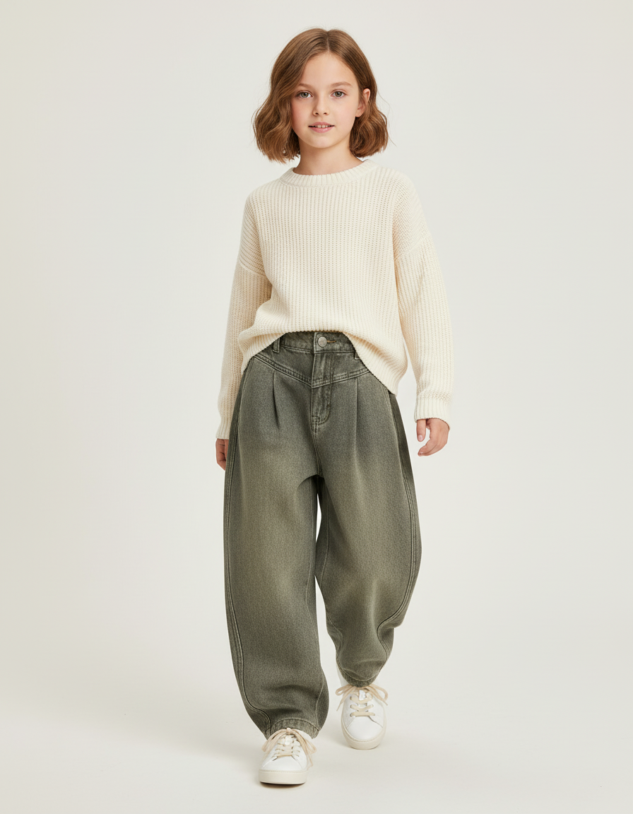 Pantalon Baggy Kaki Ample Plissé Décontracté Fille - Jean