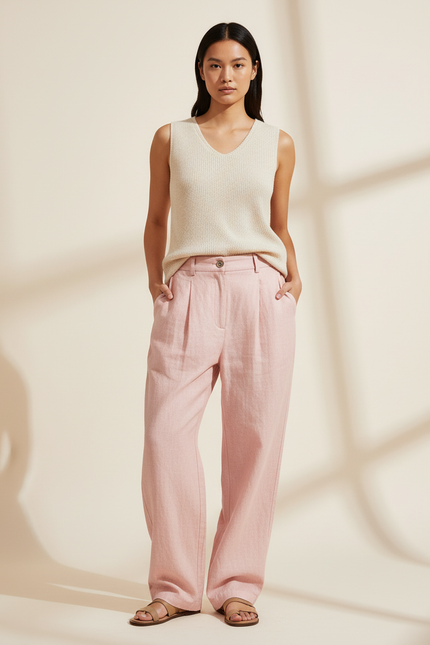 Pantalon Baggy Rose Poudré Ample Plissé Lin