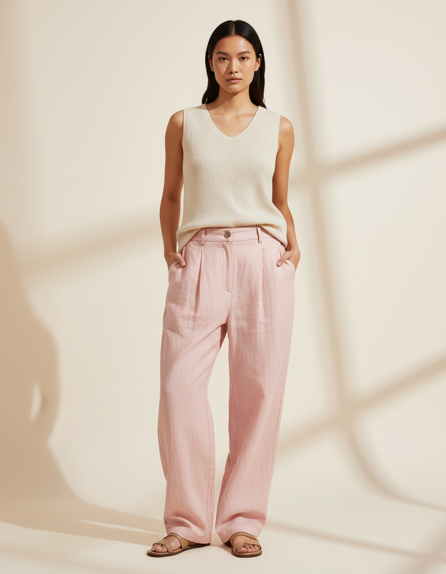 Pantalon Baggy Rose Poudré Ample Plissé Lin