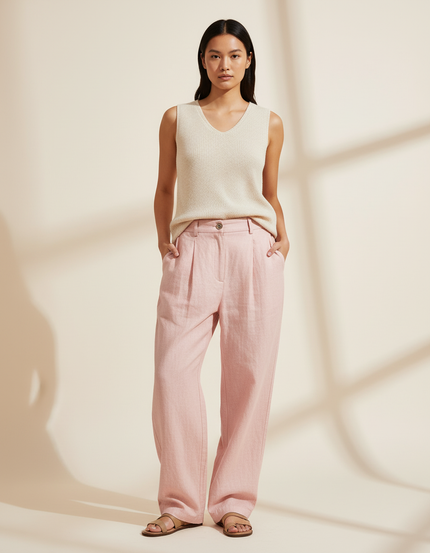 Pantalon Baggy Rose Poudré Ample Plissé Lin