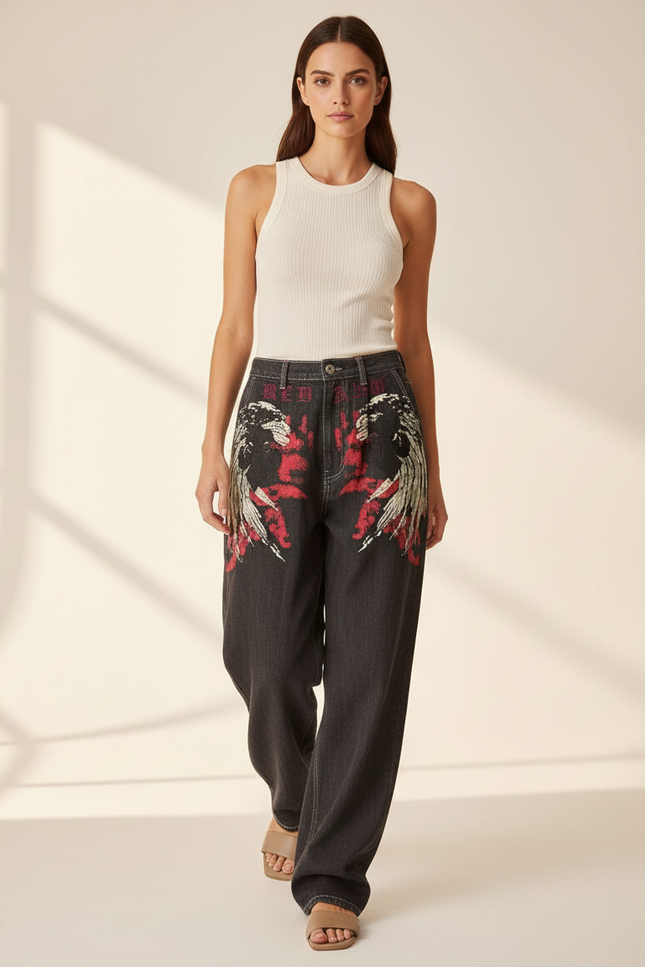 Pantalon Baggy Noir Brodé Ample Denim Streetwear - Jean