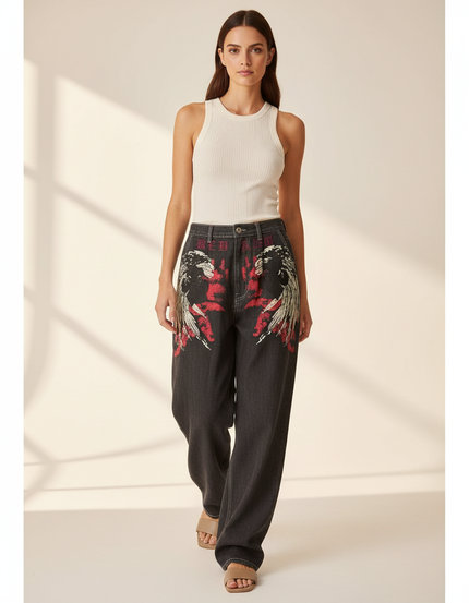 Pantalon Baggy Noir Brodé Ample Denim Streetwear - Jean