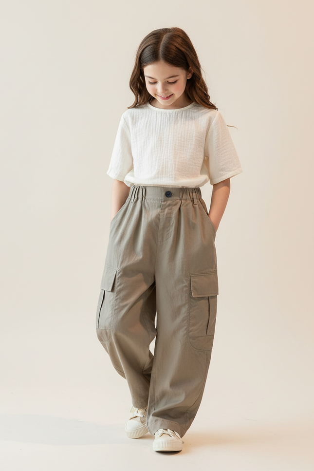 Pantalon Baggy Kaki Cargo Ample Coton Fille