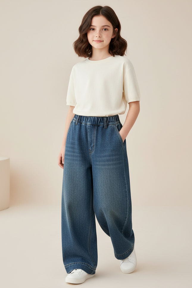 Pantalon Baggy Fille Bleu Taille Élastique Denim Streetwear - Jean