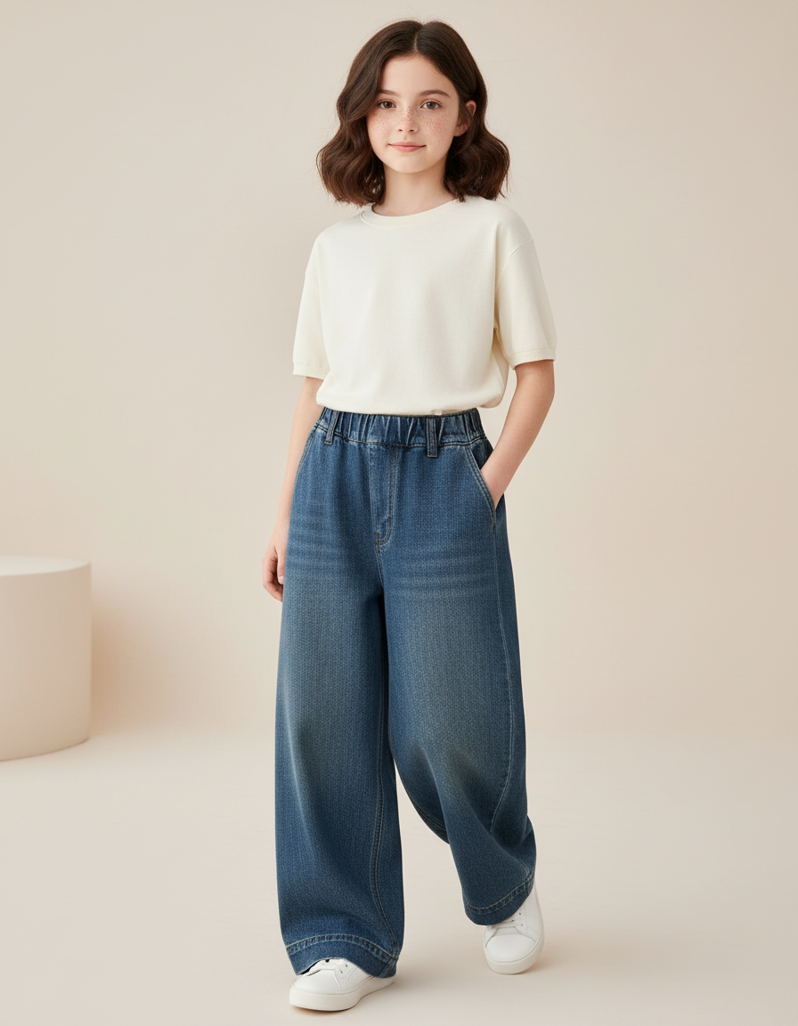Pantalon Baggy Fille Bleu Taille Élastique Denim Streetwear - Jean