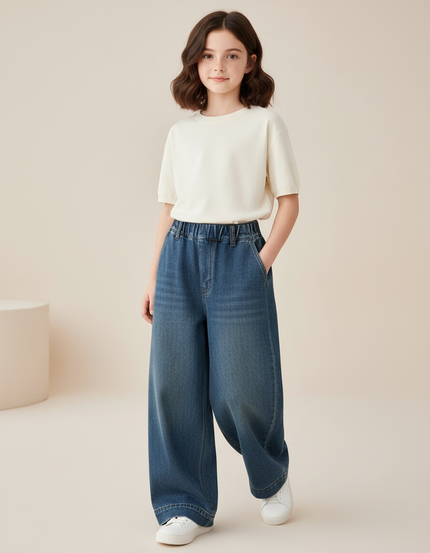 Pantalon Baggy Fille Bleu Taille Élastique Denim Streetwear - Jean