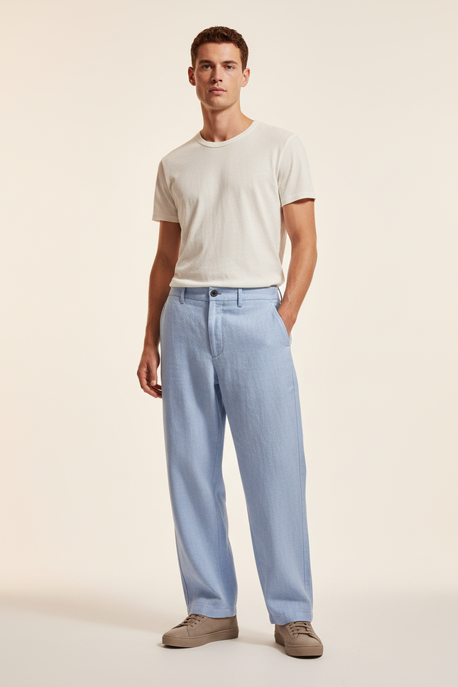 Pantalon Baggy Bleu Clair Lin Décontracté Homme