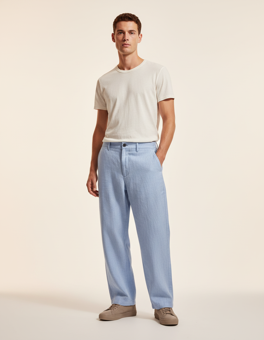 Pantalon Baggy Bleu Clair Lin Décontracté Homme
