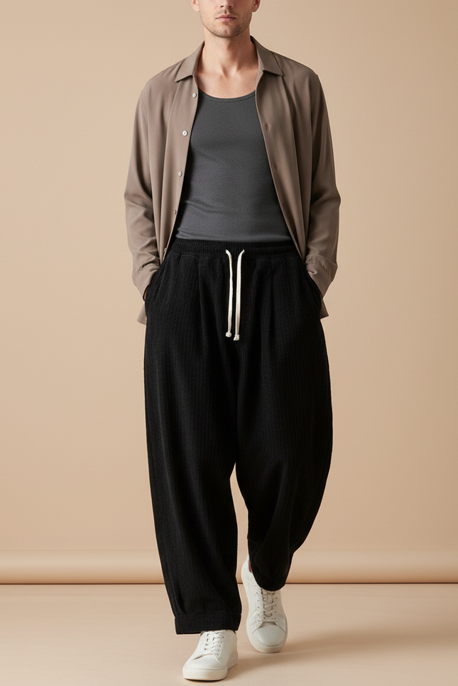 Pantalon Baggy Noir Côtelé Ample Cordon Homme - Cordé