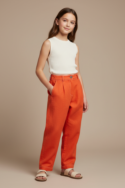 Pantalon Baggy Orange Lin Plissé Décontracté Enfant