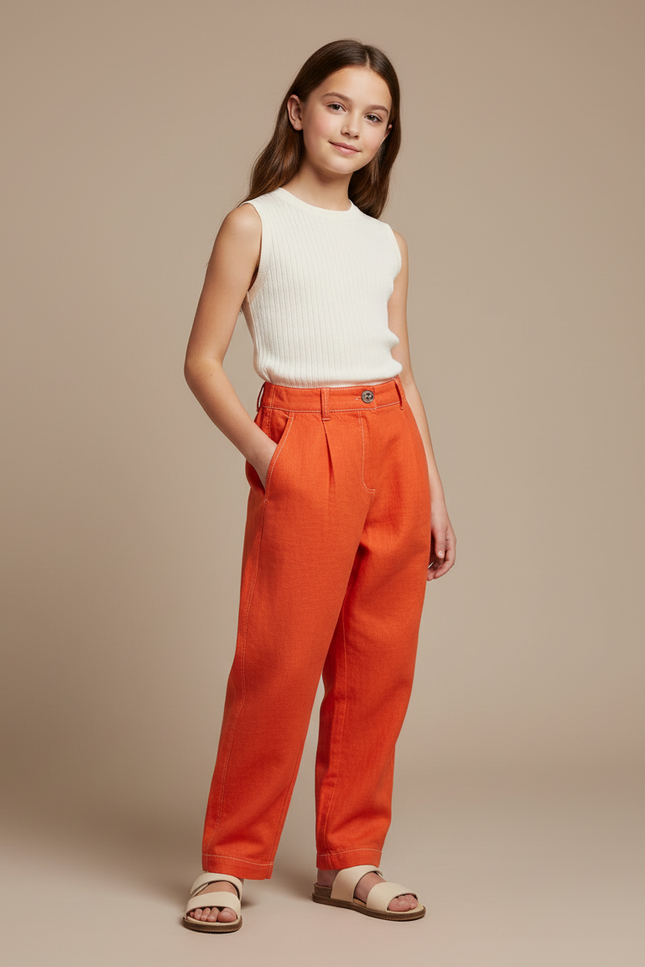 Pantalon Baggy Orange Lin Plissé Décontracté Enfant