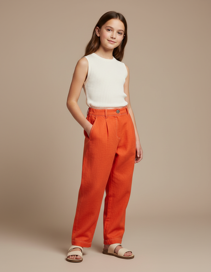 Pantalon Baggy Orange Lin Plissé Décontracté Enfant