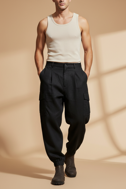 Pantalon Baggy Noir Lin Cargo Plissé Homme