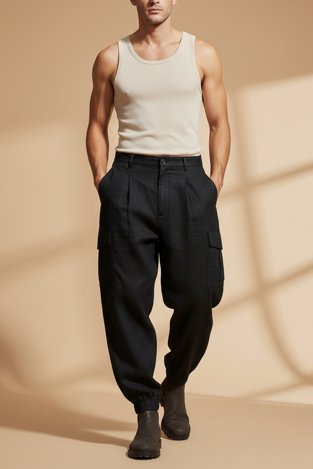 Pantalon Baggy Noir Lin Cargo Plissé Homme