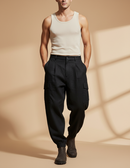 Pantalon Baggy Noir Lin Cargo Plissé Homme