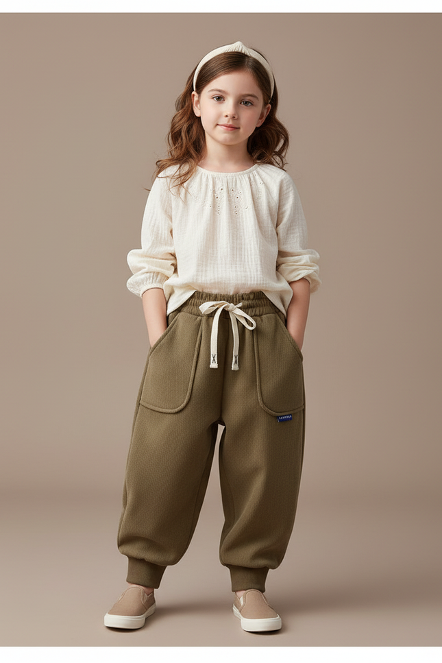 Pantalon Baggy Vert Kaki Ample Molleton Enfant