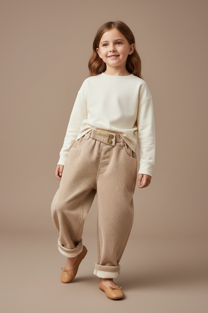Pantalon Baggy Velours Côtelé Beige Ample Doublé Hiver - Cordé