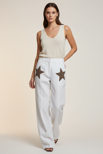 Pantalon Baggy Blanc Étoiles Marron Ample Décontracté Femme - Lin