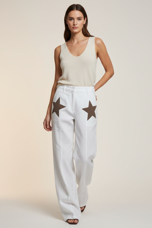 Pantalon Baggy Blanc Étoiles Marron Ample Décontracté Femme - Lin