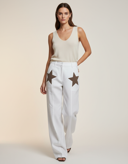 Pantalon Baggy Blanc Étoiles Marron Ample Décontracté Femme - Lin