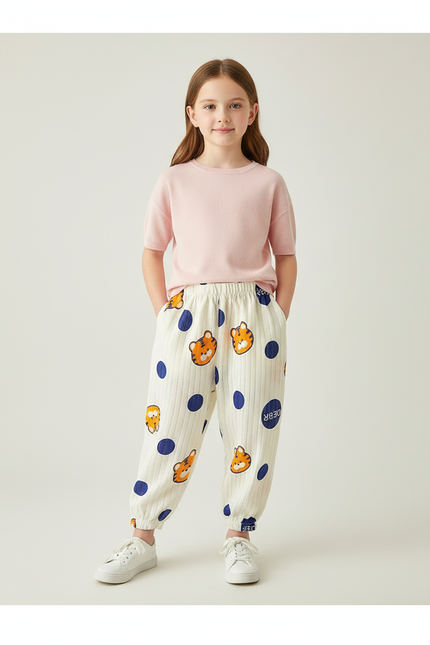 Pantalon Baggy Blanc Coton Imprimé Tigre Décontracté Enfant - Cordé