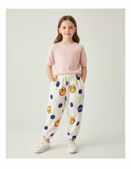Pantalon Baggy Blanc Coton Imprimé Tigre Décontracté Enfant - Cordé