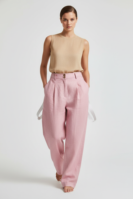 Pantalon Baggy Rose Pâle Lin Plissé Ample