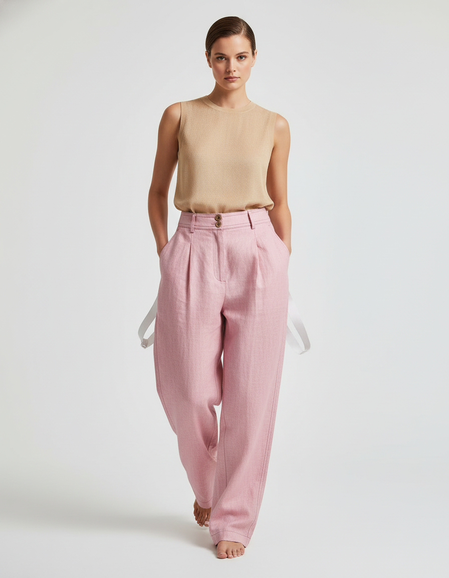 Pantalon Baggy Rose Pâle Lin Plissé Ample