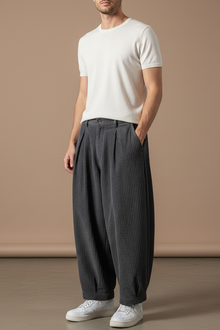 Pantalon Baggy Gris Côtelé Plissé Ample Décontracté Homme - Cordé
