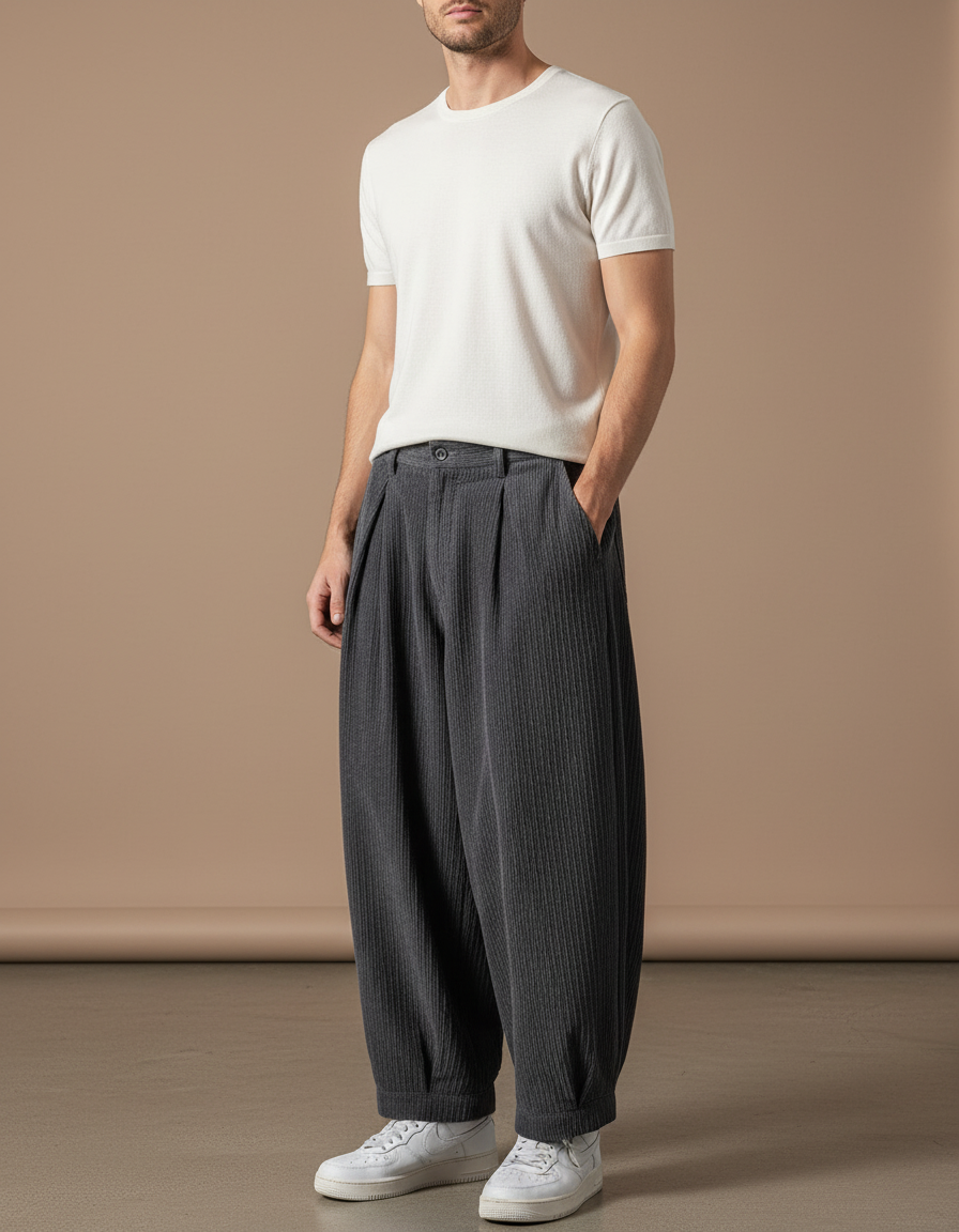 Pantalon Baggy Gris Côtelé Plissé Ample Décontracté Homme - Cordé