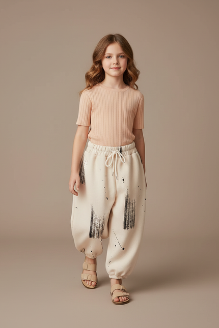 Pantalon Baggy Crème Coton Imprimé Noir Ample Enfant - Beige Molleton