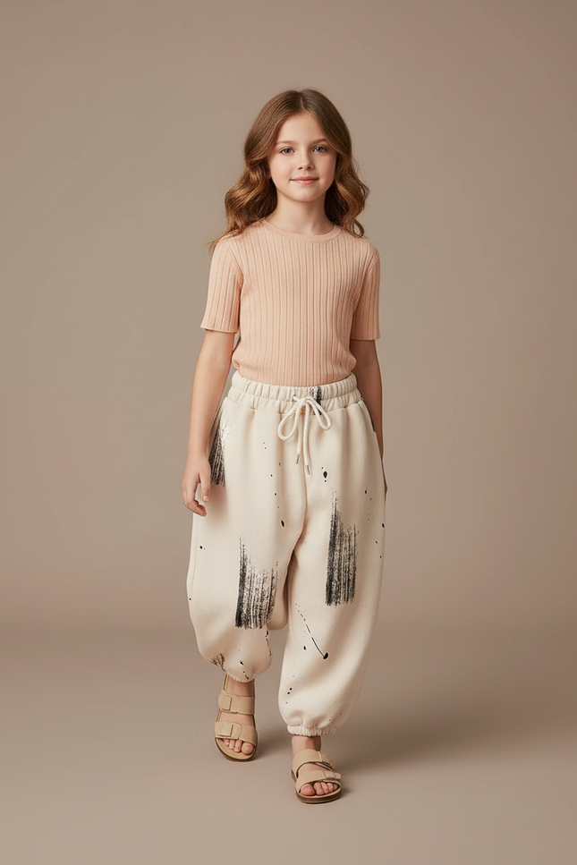 Pantalon Baggy Crème Coton Imprimé Noir Ample Enfant - Beige Molleton