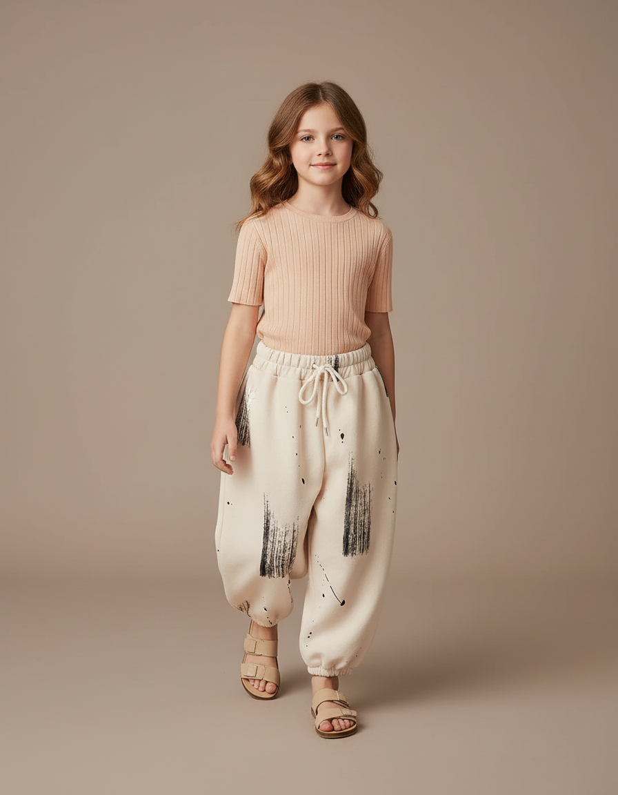 Pantalon Baggy Crème Coton Imprimé Noir Ample Enfant - Beige Molleton