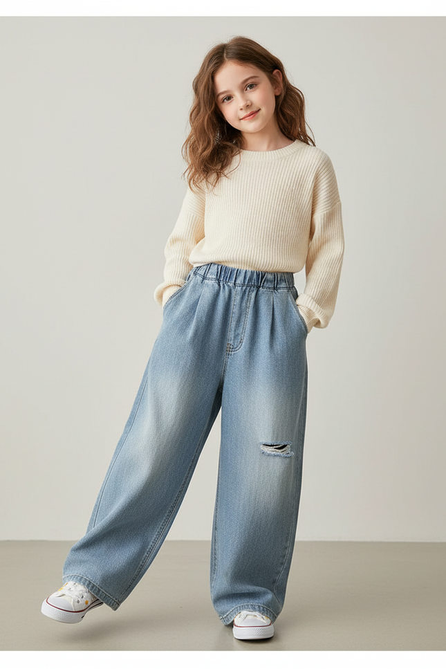 Pantalon Baggy Denim Bleu Ample Élastiqué Déchiré Fille - Jean
