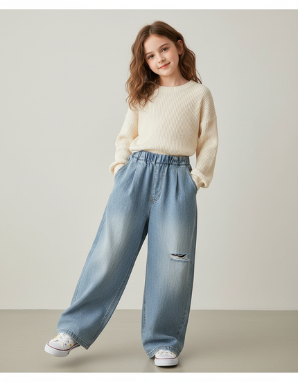 Pantalon Baggy Denim Bleu Ample Élastiqué Déchiré Fille - Jean