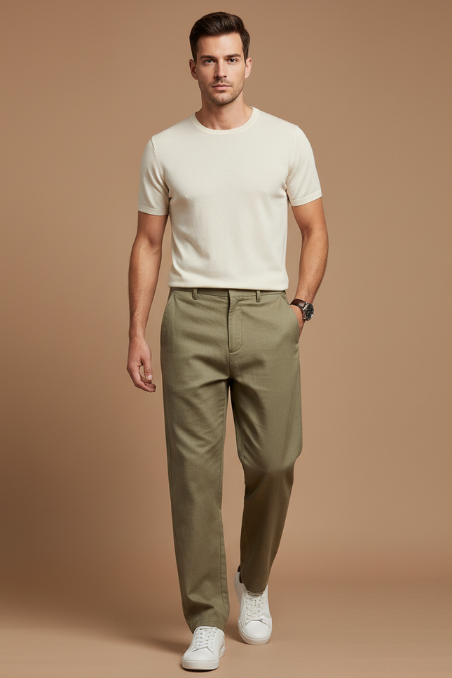 Pantalon Baggy Vert Olive Droit Décontracté Homme - Kaki Gabardine