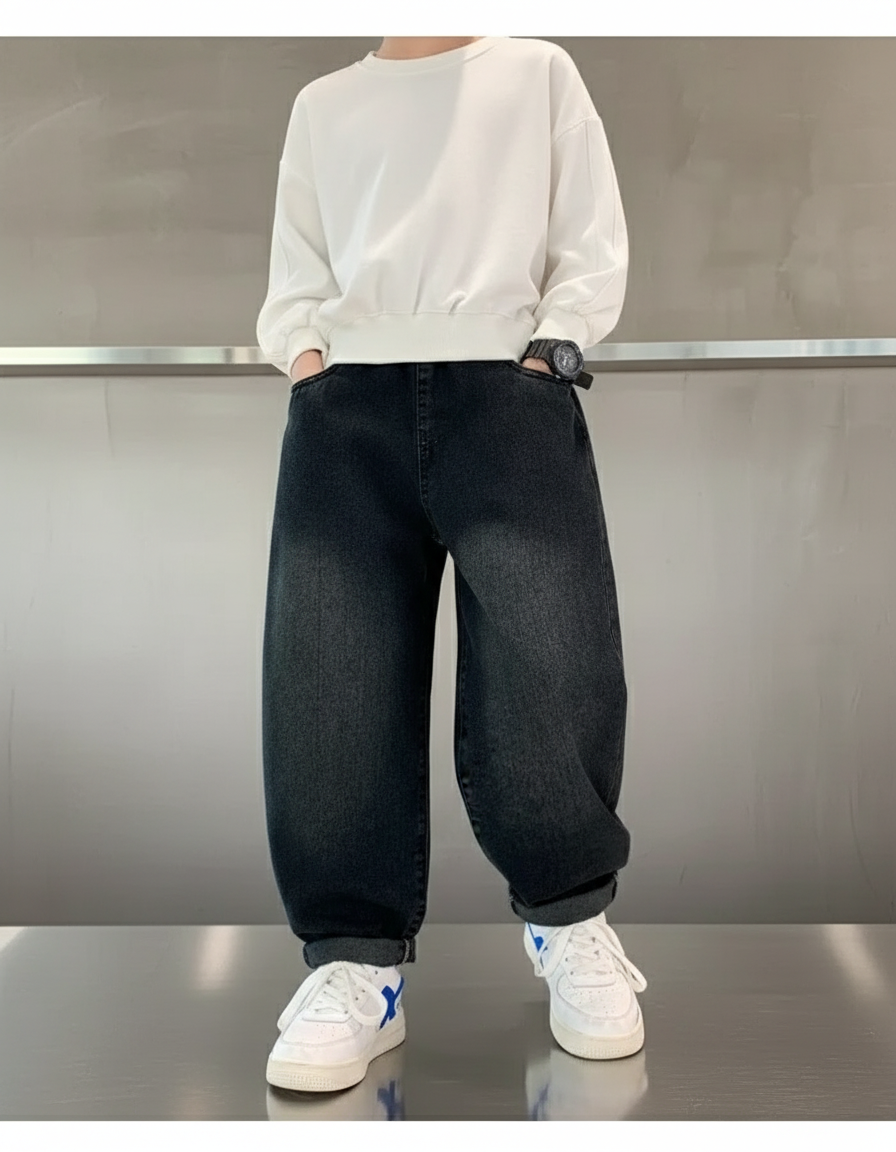 Pantalon Baggy Jean Denim Noir Ample Garçon