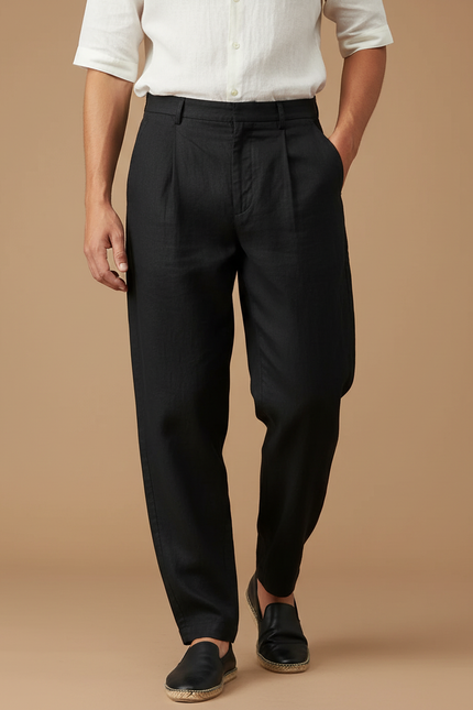 Pantalon Baggy Noir Lin Plissé Droit Homme