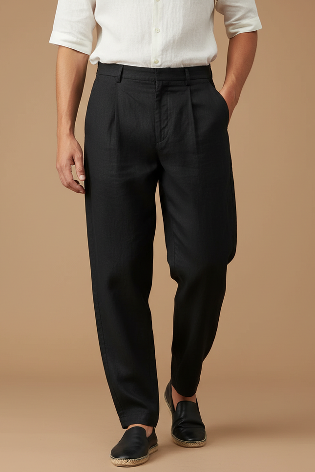 Pantalon Baggy Noir Lin Plissé Droit Homme