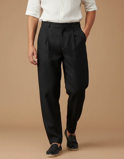 Pantalon Baggy Noir Lin Plissé Droit Homme