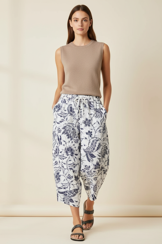 Pantalon Baggy Blanc Imprimé Floral Ample Coton Fluide - Lin
