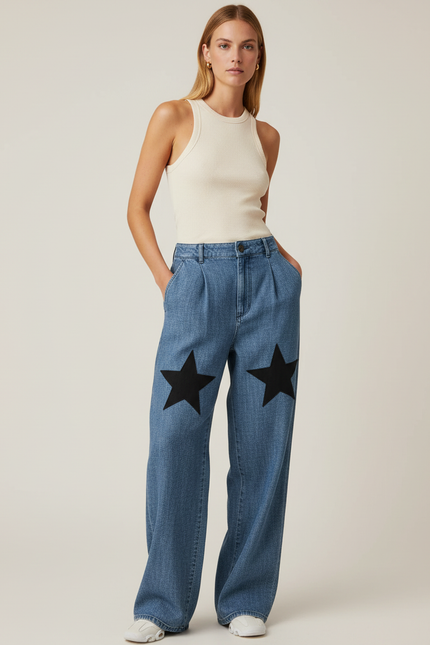 Pantalon Baggy Bleu Jean Étoiles Noires Ample Taille Haute