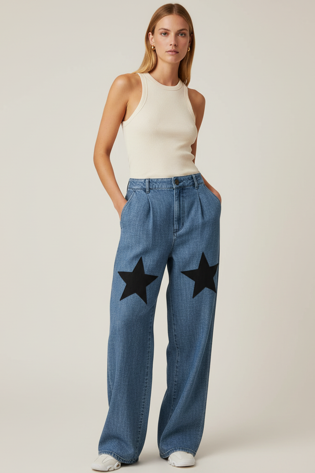 Pantalon Baggy Bleu Jean Étoiles Noires Ample Taille Haute