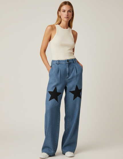 Pantalon Baggy Bleu Jean Étoiles Noires Ample Taille Haute