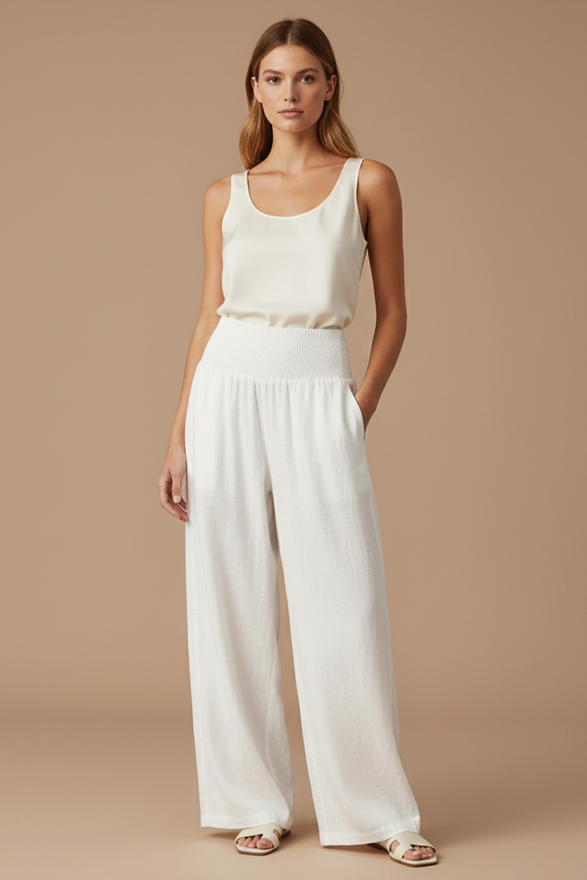 Pantalon Baggy Blanc Fluide Smocké Ample Lin