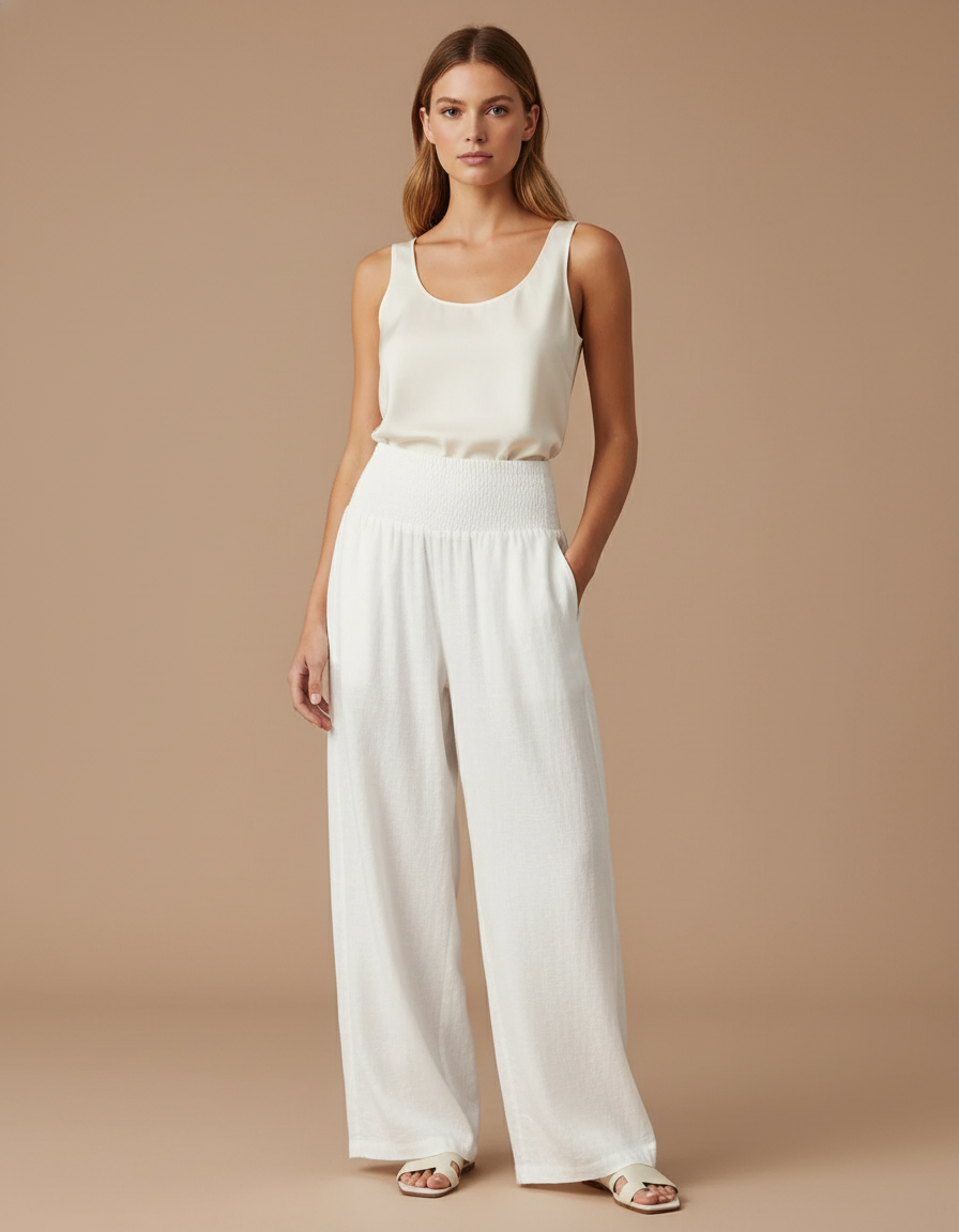 Pantalon Baggy Blanc Fluide Smocké Ample Lin