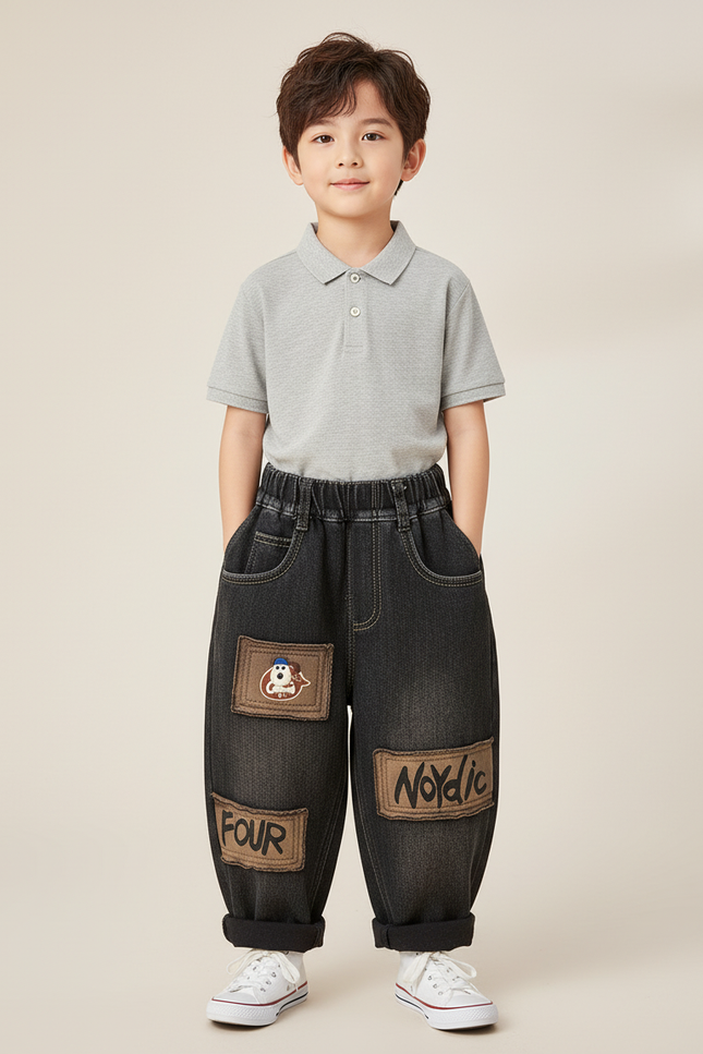 Pantalon Baggy Jean Noir Patches Ample Garçon