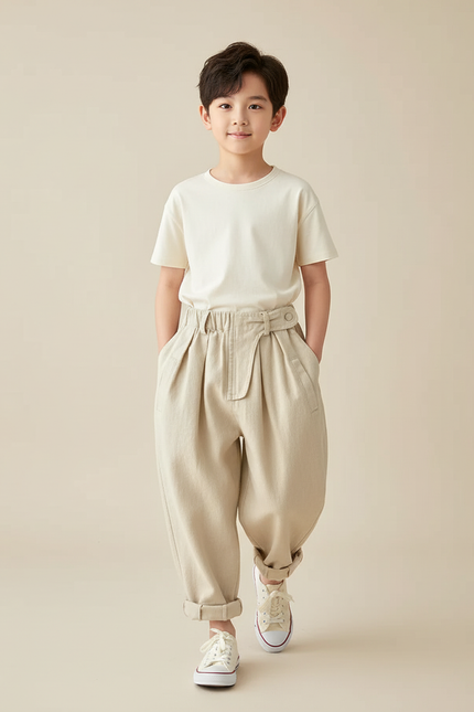 Pantalon Baggy Beige Coton Ample Décontracté Enfant