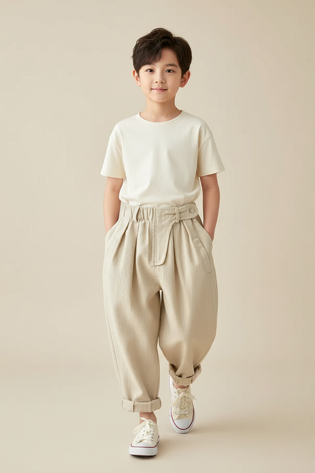 Pantalon Baggy Beige Coton Ample Décontracté Enfant