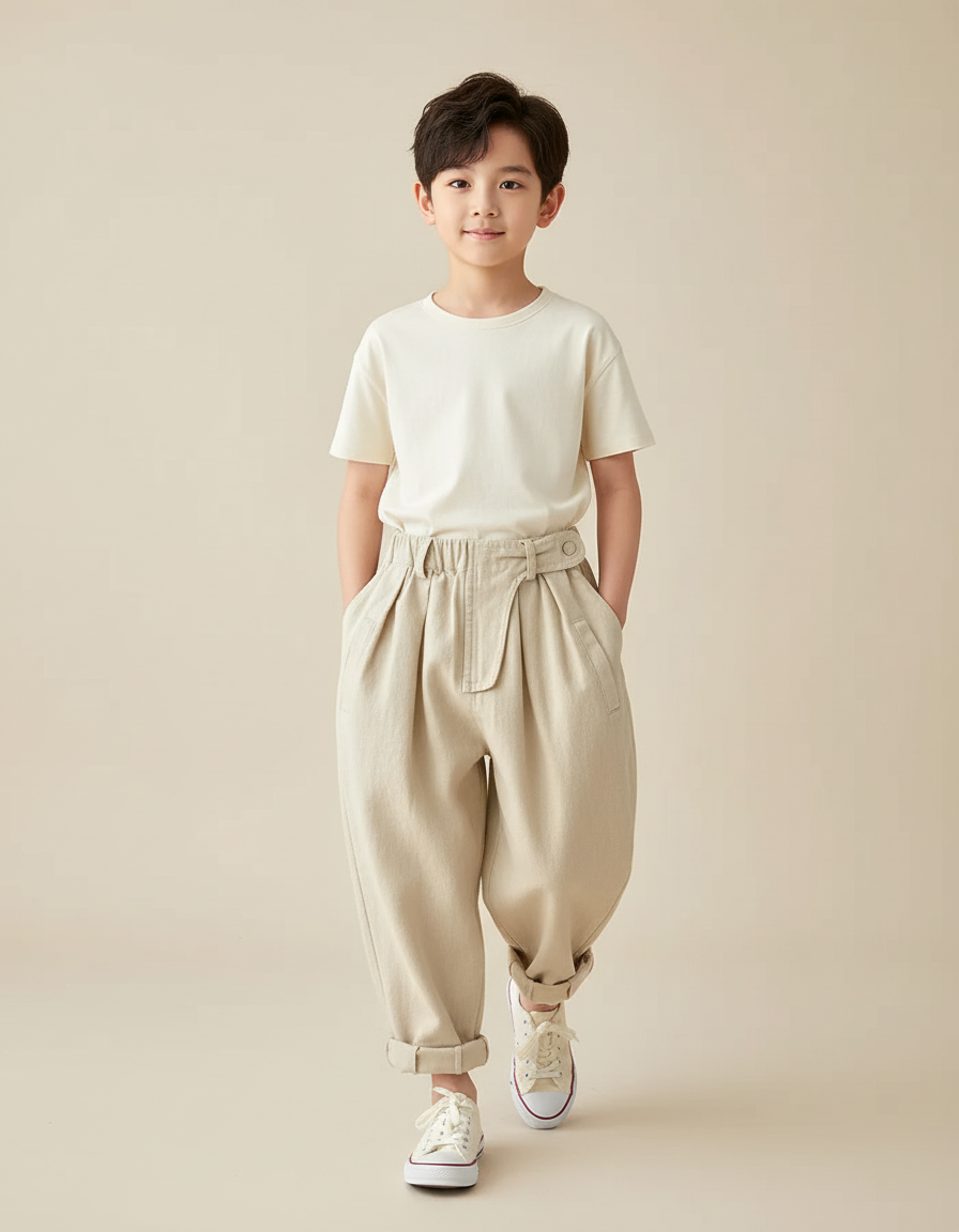 Pantalon Baggy Beige Coton Ample Décontracté Enfant